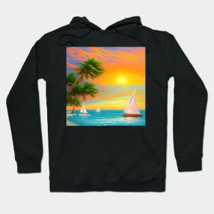 Beach Sunset Sailboats and Palm Trees Hoodie